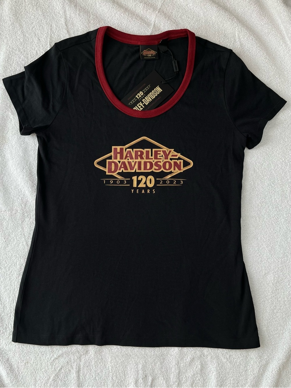 NWT Harley-Davidson 120th Anniversary Black Knit Tee Gold Logo Sz S